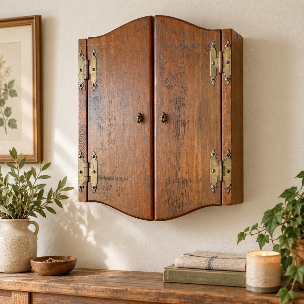 Vintage Rustic Wood Wall Cabinet Double Door Mirror Storage Brown Farmhouse